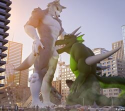 2025 3d_(artwork) anthro balls bigkami building building_destruction canid canine canis car city destruction digital_media_(artwork) dragon duo fellatio genitals headpat hi_res horn macro male male/male mammal micro muscular muscular_anthro muscular_male mythological_creature mythological_scalie mythology oral penile penis rampage scalie sex size_difference teeth teeth_showing vehicle wolf