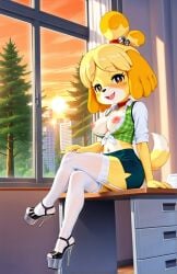 ai_generated animal_crossing belly_button blush breasts_out city_background collar crossed_legs garter_strap high_heels isabelle_(animal_crossing) navel nipples orange_sky pencil_skirt platform_heels sitting_on_desk sunset trees vest