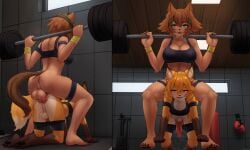2024 anal anal_sex animal_genitalia animal_penis anthro anus athletic_wear balls big_balls big_penis blue_eyes bodily_fluids boxing_gloves breasts brown_hair canid canine canine_genitalia canine_penis claws clothed clothing detailed_background duo erection fox genital_fluids genitals gym gynomorph gynomorph/gynomorph gynomorph_penetrated gynomorph_penetrating gynomorph_penetrating_gynomorph gynomorph_penetrating_intersex hair handwear hi_res intersex intersex/intersex intersex_penetrated intersex_penetrating intersex_penetrating_gynomorph intersex_penetrating_intersex japanese_kobold knot mammal monster_girl_(genre) monster_musume muscular muscular_gynomorph muscular_intersex orange_eyes orange_hair penetration penile penile_penetration penis penis_in_ass polt_(monster_musume) precum precum_pool precum_string red_penis senko-san seraziel sex squats sweat tail weights wristband