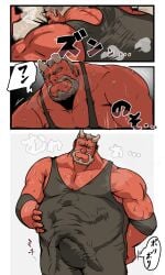96_gatefield absurd_res ambiguous_gender beard belly big_belly bodily_fluids bulge clothing clothing_entrapment comic demon duo erection erection_under_clothing facial_hair hi_res horn humanoid japanese_text male mature_male musclegut muscular muscular_arms red_body red_skin shirt sweat tank_top text topwear