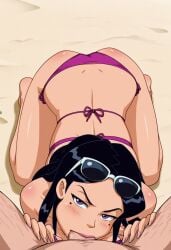 1boy 1girls ai_generated beach bikini black_hair blowjob cartoon deepthroat eye_contact fellatio female light-skinned_female light-skinned_male light_skin looking_at_viewer male mandy_(totally_spies) mole_under_eye oral oral_sex purple_eyes sunglasses sunglasses_on_head totally_spies