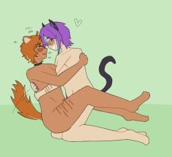 2boys blush breasts breasts cat_boy cat_ears cat_tail dog_boy dog_ears dog_tail drool drool_on_face freckles gay green_background green_eyes kamishiro_rui male male/male multicolored_hair naked naked_male orange_hair project_sekai purple_hair scars self_harm_scars self_upload shinonome_akito tail tearing_up tears trans_man transgender transmasc two_men yaoi yellow_eyes