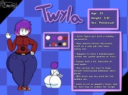 big_ass bottom_heavy character_sheet checkered_background curvaceous digging_up_in_they_ass hoodie huge_ass mom_jeans oc original_character purple_hair reference_image reference_sheet scratching_butt simple_background simple_eyes spectrodraws stick_arms stick_figure stickwoman thick_legs thick_thighs tomboy two-tone_hair twyla_(spectrodraws) waving waving_at_viewer