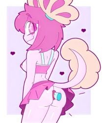 anal_sex anthro anus ass axolotl back_view bra clothed exposed_breasts female_only heart_symbol long_tail mandoy1o1 nipples penetration penis pink_body pink_eyes pink_hair skirt vitzy_(vitzypie)