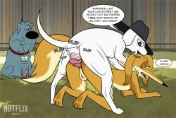 1girls 2020s 2025 2boys 2boys1girl balls black_hat bull_(fixed) cdash817 collar cuckold cuckolding dark_blue_fur dialogue female fixed_(netflix) gold_fur hat honey_(fixed) knot knotted_penis knotting leolewds male netflix open_mouth outdoors outside outside_sex penis pitbull poodle testicles the_gentleman_(leolewds) white_fur white_skin