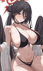 blue_archive blush breasts curvy female hasumi_(blue_archive) hasumi_(swimsuit)_(blue_archive) huge_breasts justice_task_force_(blue_archive) looking_at_viewer ni_tamago_sando off_shoulder parted_lips seductive seductive_look shirt shy sitting sweatdrop thick_thighs trinity_general_school_student voluptuous white_clothing white_shirt wide_hips