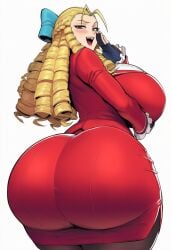 ai_generated ass big_ass big_breasts blonde_hair breasts bubble_butt busty capcom drill_hair female female_focus female_only hourglass_figure huge_ass karin_kanzuki long_hair looking_back rear_view sideboob standing street_fighter street_fighter_v tagme wide_hips yamuiai