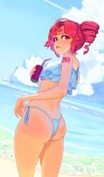 1girls 2d 2d_(artwork) ahoge alternate_hairstyle arm_tattoo ass ass_focus back back_view beach big_ass bikini curvy curvy_female curvy_figure detailed_background drink female female_focus female_only frilled_bikini gluteal_fold kasane_teto large_ass lo_thaam looking_back petite petite_female red_eyes red_hair side-tie_bikini skindentation solo solo_female tattoo thick_thighs thighs twin_drills utau wet wet_body wide_hips