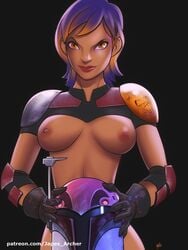 armor black_background breasts colored_hair dyed-hair dyed_hair female female_focus female_only gloves helmet helmet_removed japes mask orange_hair partially_clothed purple_hair sabine_wren simple_background smile smiling smirk solo solo_female standing star_wars star_wars_rebels text violet_hair