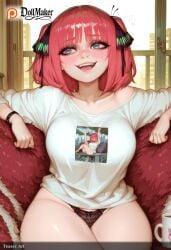 ai_generated bangs black_panties blue_eyes blunt_bangs blush bra_visible_through_clothes bracelet breasts collarbone dollmaker dollmaker_(artist) eyebrows_visible_through_hair female hair_ornament hair_ribbon heart heart-shaped_pupils large_breasts looking_at_viewer nakano_nino open_mouth panties patreon_logo patreon_username phone red_hair ribbon shirt sitting smile solo symbol-shaped_pupils tagme thick_thighs thighs two_side_up underwear watch watermark web_address white_shirt wristband wristwatch
