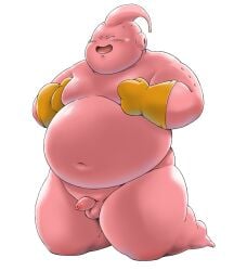 anthro balls belly big_belly closed_eyes clothing dekatanu dragon_ball genitals gloves handwear hi_res kneeling majin_buu male nude overweight overweight_male penis pink_body pinup pose presenting smile solo thick_thighs