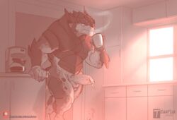 alien balls beverage bodily_fluids coffee coffee_mug coffee_pot cum cum_drip dripping erection frown genital_fluids genitals horn kitchen krogan male male_only mass_effect multi_balls multi_genitalia muscular muscular_male nude penis solo steam tenaflux video_games