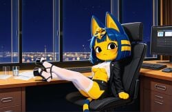 1girls ai_generated animal_crossing ankha ankha_(animal_crossing) belly_button cat_ears cat_tail collar collared_shirt computer covered_nipples desk erect_nipples feet_on_table feline feline female garter_belt garter_straps high_heels jacket legs_crossed monitor navel night office office_chair office_clothing office_lady office_worker pencil_skirt platform_heels shirt stockings underboob