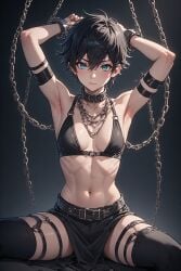 abs ai_generated black_bra black_hair black_stockings black_thighhighs blue_eyes chained_up chains femboy femboy_only fit jewelry loincloth looking_at_viewer original_character short_hair slave small_breasts