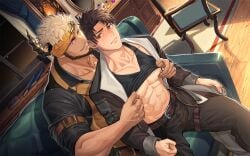 2boys abs age_difference armband asahi_(norn's_dine) bara beard beefy big_areola blush brown_hair clothes_lift collarbone curved_horn daddy dark_skin dilf duo dust_particles dutch_angle erect_nipples european fully_clothed gay glowing_eyes grant_(norn's_dine) green_eyes headband heterochromia hi_res horn hunk indoors jacket light_skin looking_at_another male male/male male_only manly mature_male muscles muscular muscular_arms muscular_male night nipple_play norn's_dine nullqllun open_clothes pecs perfume purple_eyes red_eyes shadow short_hair sideburns sitting sitting_on_sofa six_pack size_difference sofa sweat sweatdrop tanktop veiny_hands white_hair wooden_floor yaoi
