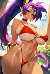 1girls 2d ai_generated big_breasts bikini dark-skinned_female dark_skin day daytime earrings female female_focus female_only high_ponytail highleg highleg_bikini jewelry long_hair pointy_ears ponytail purple_hair red_bikini shantae shantae_(character) solo solo_female solo_focus tagme