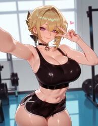 1girls ai_generated armpits balecxi bangs bare_arms bare_shoulders black_bra black_choker black_clothes black_shorts black_sports_bra black_underwear blonde_hair blush bra breasts choker clavicle cleavage closed_mouth clothing collarbone crop_top curvaceous curvaceous_female curvaceous_figure curvy curvy_figure dolphin_shorts dumbbell earrings evelyn_chevalier eyebrows female female female_focus female_only gym gym_clothes gym_uniform hair_ornament heart indoors inviting inviting_to_sex jewelry large_breasts looking_at_viewer midriff mole mole_on_breast navel presenting presenting_ass presenting_breasts presenting_hindquarters presenting_self purple_eyes seductive seductive_look seductive_smile shirt short_hair short_shorts shorts smile solo sports_bra standing stomach sweat thick_thighs thighs underwear v v_over_eye voluptuous voluptuous_female window zenless_zone_zero