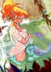 androgynous ass blue_hair blue_tongue blush clothing coffeedungeon cunnilingus dress earrings female glasses green_skin lake long_tongue mermaid monster oral_sex orange_hair pointy_ears ponytail pubic_hair thick_thighs transparent_clothing waterfall wet wet_clothes