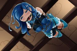 1girls arms_behind_back blue_eyes blue_hair blush bondage bondage bondage bound bound_ankles bound_arms bound_legs bound_wrists breasts dental_gag drooling elbow_gloves female female female_only femsub from_below gag gagged gloves hair_ribbon hanging_breasts long_hair magical_girl mahou_shoujo_western_girls medium_breasts open_mouth open_mouth_gag ribbon rope rope_bondage saliva seibu_aoi shibari_over_clothes solo suspension thighhighs tongue tongue_out