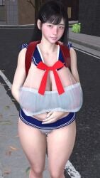 1girls 3d big_breasts black_hair blue_eyes breasts ein_(pixiv550750) female original original_character school_bag thick_thighs thighs