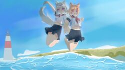2girls animal_ear_fluff animal_ears bangs barefoot beach black_skirt blonde_hair blue_sky cloud crop_top day eyebrows_visible_through_hair filian hair_ornament horizon long_hair midriff multiple_girls navel ocean open_mouth outdoors pleated_skirt purple_eyes red_eyes red_neckwear sailor_collar serafuku shirt short_sleeves skirt sky smile squchan_(vtuber) tail virtual_youtuber vyugen wading water waves white_shirt