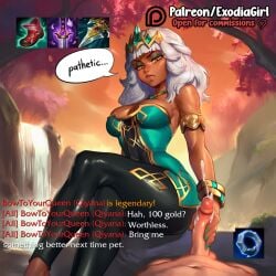 1boy 1girls ai_generated breasts clothed clothing cum cumshot dominant_female english_text erection exodia_girl female_on_top femdom gameplay_mechanics handjob humiliation league_of_legends naked pov pov_eye_contact pov_male qiyana_yunalai riot_games scratches sex smaller_male smile smirk struggling submissive_male taller_female taller_girl text text_bubble watermark