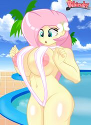 1girls areolae big_breasts bikini breasts equestria_girls female female_only fluttershy_(eg) fluttershy_(mlp) hasbro hi_res highres huge_breasts large_areolae large_breasts my_little_pony navel nipples open_mouth ribiruby sling_bikini solo solo_female straight_hair swimming_pool swimsuit swimwear thick thighs