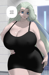 1girls alternate_breast_size bbw black_dress blue_eyes cleavage clothing cocktail_dress curvy dress earrings female female_only female_solo green_hair hand_on_hip huge_breasts human looking_at_viewer mature_female melony_(pokemon) milf nintendo pale_skin pearl_earrings pokemon pokemon_ss roumgu solo solo_female sunlight text voluptuous wide_hips