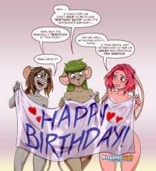 3girls animal_ears black_hair blue_eyes blue_skin blush breasts brown_hair cat_ears cleavage covering covering_breasts dark_skin english_text gradient_hair green_eyes green_hair holding_towel horns humanization large_breasts long_hair medium_breasts multicolored_hair multiple_girls naked_sheet naked_towel open_mouth pink_hair pointy_ears red_hair short_hair sweatdrop towel towel_on_head two-tone_hair undressing wet