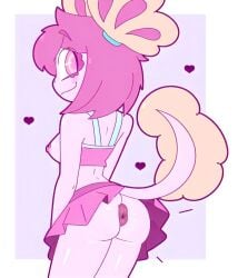 anthro anus ass axolotl back_view bra clothed exposed_breasts female_only heart_symbol long_tail mandoy1o1 nipples pink_body pink_eyes pink_hair skirt vitzy_(vitzypie)