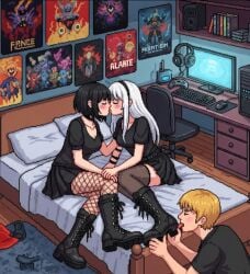 bedroom boots dominant dominant_female foot_fetish foot_worship gamer_girl goth goth_girl kissing pantyhose submissive submissive_male yuri