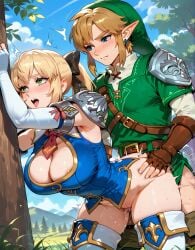 ai_generated bent_over cassandra_alexandra clothed_sex doggy_style elf human hunwolf link male/female outdoors sex sex_from_behind soul_calibur the_legend_of_zelda