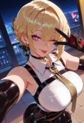 1girls ai_generated armpits balecxi bangs bare_shoulders black_choker black_gloves black_legwear black_pants blonde_hair blush breasts choker closed_mouth clothing collared_shirt curvaceous curvaceous_female curvaceous_figure curvy curvy_figure earrings elbow_gloves evelyn_chevalier female female female_focus female_only fingerless_gloves gloves heart heart-shaped_pupils jewelry large_breasts legwear lips looking_at_viewer makeup mole mole_under_eye necktie night night_sky one_eye_closed pants pantyhose purple_eyes selfie shirt short_hair sky sleeveless sleeveless_shirt smile solo star_(sky) symbol-shaped_pupils thighhighs thighs tongue tongue_out v v_over_eye voluptuous voluptuous_female white_shirt zenless_zone_zero