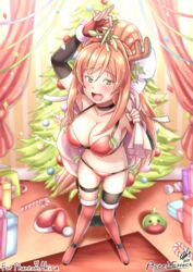 1girls aster-effect big_breasts blush bra breasts brown_hair christmas christmas_lingerie christmas_tree doki_doki_literature_club female female_only gloves green_eyes hourglass_figure huge_breasts large_breasts lingerie long_gloves looking_at_viewer mistletoe monika_(doki_doki_literature_club) panties ponytail red_bra red_panties red_thighhighs ribbon tease teasing thighhighs white_ribbon