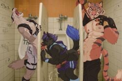 absurd_res anal anal_sex anthro anthro_on_anthro anthro_penetrated anthro_penetrating anthro_penetrating_anthro bodily_fluids canid canine canis clothing cum cum_while_penetrated cumshot ejaculation epic_games felid fortnite genital_fluids genitals glory glory_hole greko_the_cat group group_sex hi_res hole_in_wall looking_pleasured male male/male male_penetrated male_penetrating male_penetrating_male mammal masturbating_while_penetrated masturbation one_sided_climax oral orgasm oscar_(fortnite) pantherine penetration penile penile_penetration penis penis_in_ass sex simultaneous_orgasms threesome tiger toilets trio urinals wendell_(fortnite) wolf