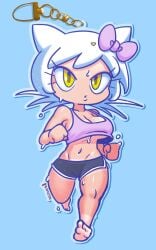1girls barefoot blue_background bouncing_breasts bowtie breasts cat_ears cat_girl catgirl cleavage clothed clothing female female_focus female_only golden_eyes hello_kitty hello_kitty_(character) hello_kitty_(series) humanized jogging jogging_pants kitty_white large_breasts minus8 navel short_hair solo solo_female solo_focus sports_bra sports_shorts sportswear sweat sweatdrop sweating sweaty tan-skinned_female tan_body tan_skin tanline tanned tanned_skin thick_thighs thighhighs thighs white_hair yellow_eyes