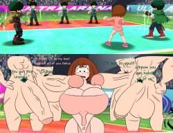 4boys1girl balls big_balls big_breasts big_penis blush breasts brown_hair cleavage cleavage_overflow curvy curvy_figure edit edited erect_penis erection gangbang genitals green_hair green_pubic_hair imminent_sex izuku_midoriya massive_balls massive_breasts massive_penis multiple_boys my_hero_academia ochako_uraraka penis penis_out scar shocked shocked_expression tasteofchoklit tasteofchoklit_(edit) text thick_thighs thighs voluptuous