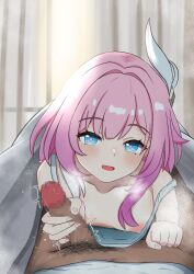 1boy absurdres blue_eyes breasts camisole commentary_request cyrene_(honkai:_star_rail) female hair_ornament handjob highres honkai:_star_rail honkai_(series) indoors large_variant_set looking_at_viewer male male_pubic_hair medium_breasts medium_hair ng1sh8 nipples open_mouth penis pink_hair pink_pupils pov pubic_hair smile straight textless_version under_covers variant_set white_camisole