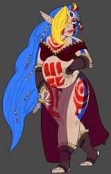 angry angry_face blue_hair dagger female female_only hair_beads hair_ornament humanoid knife minimal_clothing oc original_character painted_belly painted_body pregnant pregnant_belly pregnant_female skimpy_clothes solo tribal tribal_markings tribal_paint woman_only
