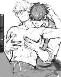2boys alcogorilla1 gay gintama gintoki_sakata groping groping_chest groping_from_behind groping_pecs hand_on_another's_head hijikata_toshiro male male_only medeakn monochrome pec_grab pec_squish pecs sketch smile topless topless_male yaoi