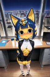 ai_generated animal_crossing ankha ankha_(animal_crossing) blush breasts cat_ears cat_tail cityscape collar collared_shirt computer covered_nipples egyptian erect_nipples feline female garter_straps high_heels jacket night office office_clothing office_lady pencil_skirt platform_heels pov_eye_contact stockings underboob v_arms viewed_from_above window