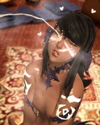 3d au_ra black_hair blush closed_eyes facepaint female final_fantasy final_fantasy_xiv golden_shower horns nipples original_character peeing peeing_on_another scales small_breasts watersports wet xaela xaela_enjoyer
