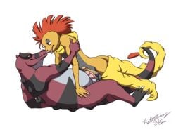 claws couple dated gay gen_6_pokemon lying male/male male_only no_humans on_back pokemon_(creature) red_hair short_hair signature simple_background sitting smile tail teeth tongue white_background yellow_sclera yuri