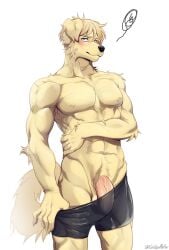 abs anthro athletic athletic_anthro athletic_male balls black_bottomwear black_clothing black_nose blonde_hair blue_eyes blush bottomwear canid canine canis clothed clothing cobu domestic_dog front_view fur genitals hair hi_res looking_at_viewer male male_anthro mammal mouth_closed pecs penis pink_penis portrait short_hair signature simple_background solo standing three-quarter_portrait topless vein veiny_penis white_background yellow_balls yellow_body yellow_fur