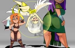 absurd_res anthro archer_queen ass axe big_breasts big_butt bite biting_lip blue_eyes blush breasts clash_of_clans clothing female flying green_clothing group hair healer_(clash_of_clans) hi_res human humanoid la_tiapat mammal purple_hair smile thick_thighs trio valkyrie white_hair wings