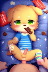 a ai_generated blue_t-shirt chocolate delete_this edited exited gay gay_sex gold green green_eyes male missionary_position retriever socks yaoi younger_male
