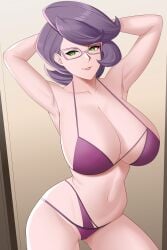 1girls aslindsamure big_breasts bikini bikini_bottom bikini_top bottomwear breasts eyewear female female_only game_freak glasses green_eyes hair hands_behind_head hips huge_breasts mature mature_female mature_woman milf pink_glasses pokemon pokemon_sm purple_bikini purple_hair solo solo_female swimwear thighs topwear wicke_(pokemon)