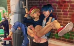 2boys adrien_agreste against_wall anal anal_penetration anal_sex anonanimeme beret blonde_hair blue_eyes blue_hair boner erection exposed_balls exposed_penis from_behind gay green_eyes hiding legs_held_open looking_back luka_couffaine male_only miraculous_ladybug multiple_boys necklace outdoors outside pants_around_one_leg pants_down reverse_suspended_congress secret shirt_up spread_legs taken_from_behind tension thrusting_into_ass yaoi