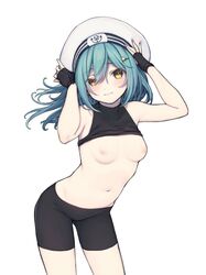 1girls arms_up blue_hair blush breasts female fingerless_gloves gloves hairclip hands_on_head hat hip_bones long_hair looking_at_viewer mouth_closed n_(m_ohkamotoh) navel nipples original original_character sailor_hat shirt_lift shorts small_breasts thigh_gap tight_clothing yellow_eyes