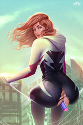 1girls alternate_version_available anal anal_sex blonde_hair blue_eyes city cityscape female female_only gwen_stacy lens_flare looking_at_viewer looking_back marvel outside prywinko pussy pussy_juice ripped_clothing solo solo_focus spider-gwen spider-man_(series) sunlight vibrator web